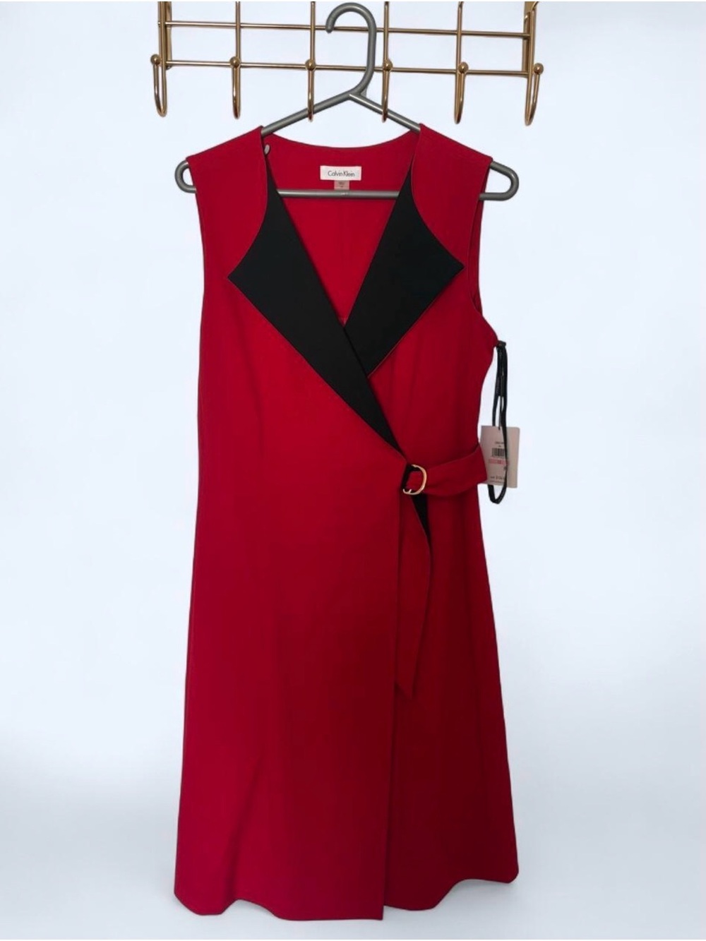 Calvin Klein Red Sleeveless Wrap Dress with Black Lapel